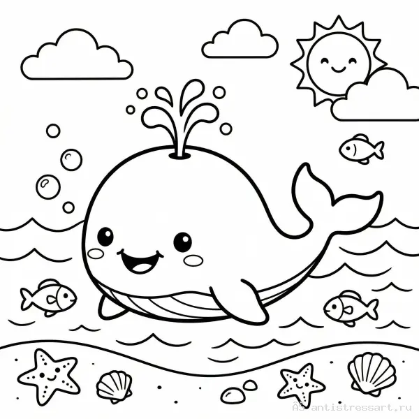 Раскраска кит и маленькие рыбки для детей — раскраска (Морские жители), распечатать бесплатно А4
